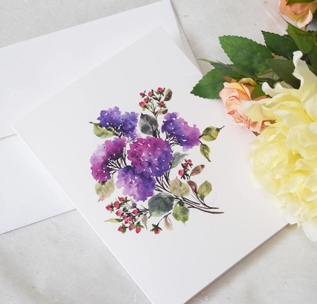 Watercolor Hydrangea Flower Greeting Card: Purple Floral Print - Etsy