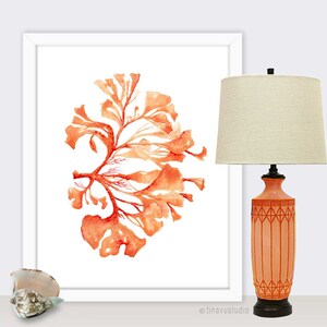 nautical wall art, DIGITAL DOWNLOAD, watercolor orange seaweed, beach house decor, orange seaweed painting, seaweed print, orange watercolor
