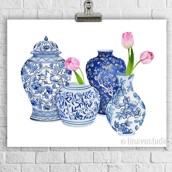 blue and white vases, watercolor vases, pink tulip, watercolor printable, digital download, vase painting, kitchen decor, house warming gift