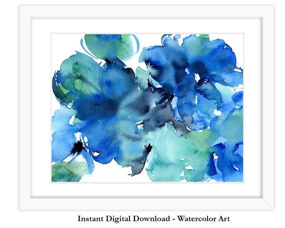 beach house decor blue leave painting abstract watercolor printable commercial use wall art printable 8x10 and 18x24 instant download
