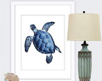 indigo aquarel, nautische afdrukbare kunst, indigo zeeschildpad print, digitale download aquarel, zeeschildpad kunst, afdrukbare muur kunst