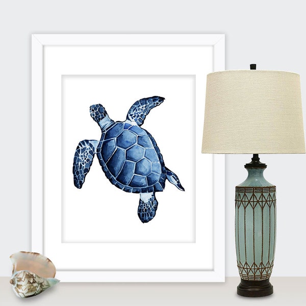 indigo watercolor painting, nautical printable art, indigo sea turtle print, digital download watercolor, sea turtle art, printable wall art