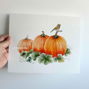 May include: A watercolor painting on white paper featuring three orange pumpkins with green leaves at the base. A small bird with yellow and brown feathers is perched on the stem of the largest pumpkin. The text tinavustudio is visible.