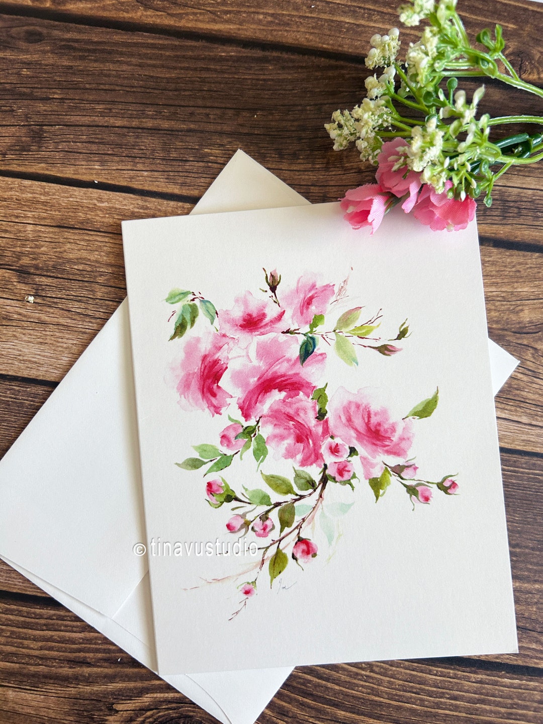 Watercolor Pink Roses Greeting Card: Floral Art Print - Etsy