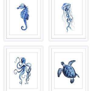 sea creature printable, indigo blue artwork, seahorse, printable wall art, digital download watercolor art, sea turtle, jelly fish, octopus