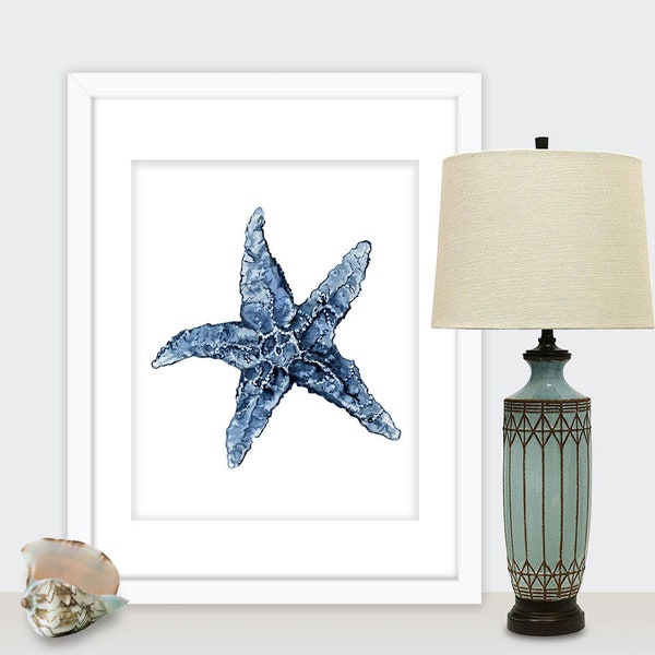 indigo star fish print, nautical printable, digital download watercolor, star fish watercolor, printable wall art, indigo watercolor artwork