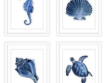 indigo sea turtle, sea creature printable, indigo blue artwork, seahorse, printable wall art, digital download watercolor art, seashell, DIY