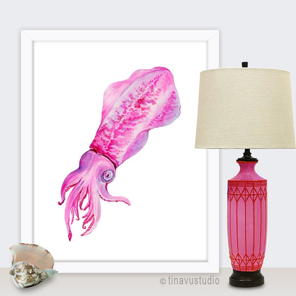 pink squid watercolor, pink watercolor, beach house decor, sea creature digital print, nautical printable, squid painting, commercial use