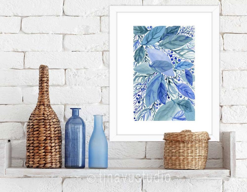 beach house decor blue leave painting abstract watercolor printable commercial use wall art printable 8x10 and 18x24 instant download