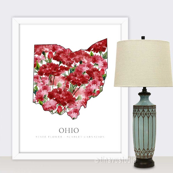 Ohio state flower, scarlet carnation watercolor, red carnation flower, state flower, watercolor wall art, carnation watercolor, red flower