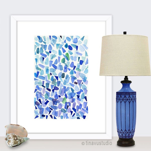 watercolor sea glass art, blue sea glass painting, wall art printable, instant download, beach house decor, 8x10 and 18x24, commercial use