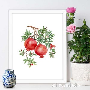 watercolor pomegranate artwork, fruit illustration printable, kitchen decor, red fruit artwork, hand painted pomegranate, small wall art