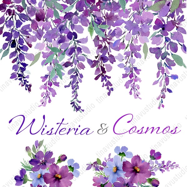 wisteria aquarelle téléchargement numérique, art peint à la main clip de fleurs, art aquarelle, bouquets cosmos violets, invitations diy, utilisation commerciale