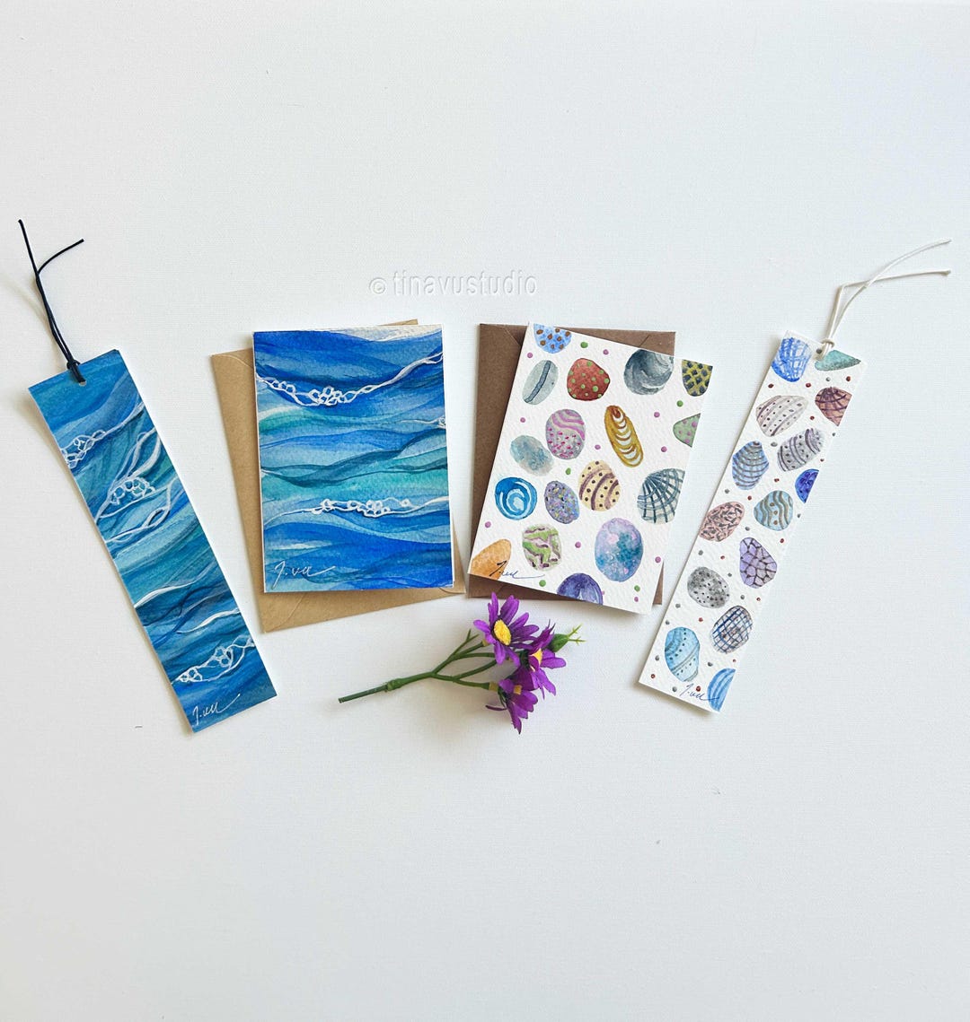 Hand Painted Watercolor Cards and Bookmarks Set of 4, Original Nautical ...