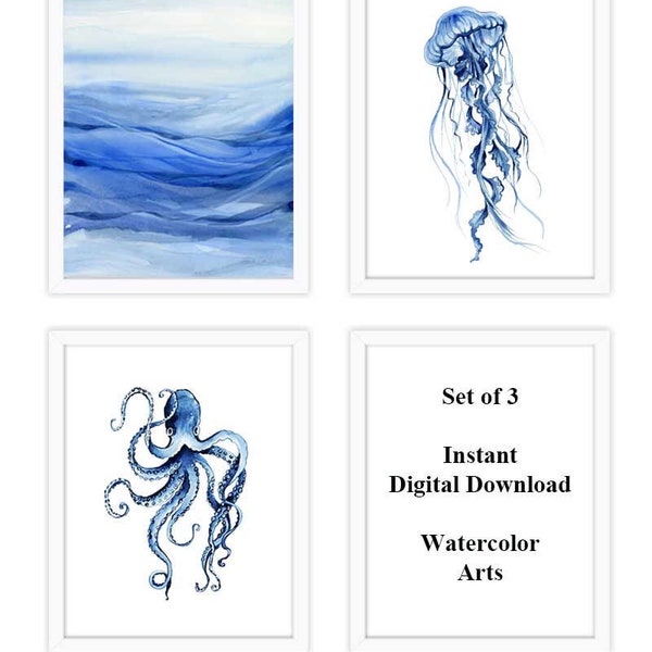 blue jelly fish art, watercolor octopus, ocean painting, indigo blue waves, nautical printable, digital download, watercolor sea creatures