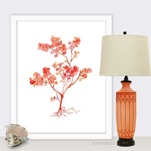 orange watercolor, DIGITAL DOWNLOAD, watercolor orange seaweed, beach house decor, nautical wall art, orange seaweed painting, seaweed print