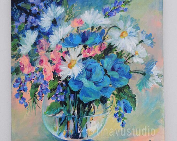 ORIGINAL Rose Painting Blue Roses Painting Flower Painting Etsy