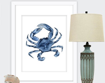 indigo blue crab print, nautical printable, digital download watercolor, blue crab watercolor, printable wall art, indigo watercolor artwork