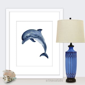 watercolor dolphin, marine animal, sea creature art, nautical printable, indigo dolphin art, beach house decor, indigo watercolor painting