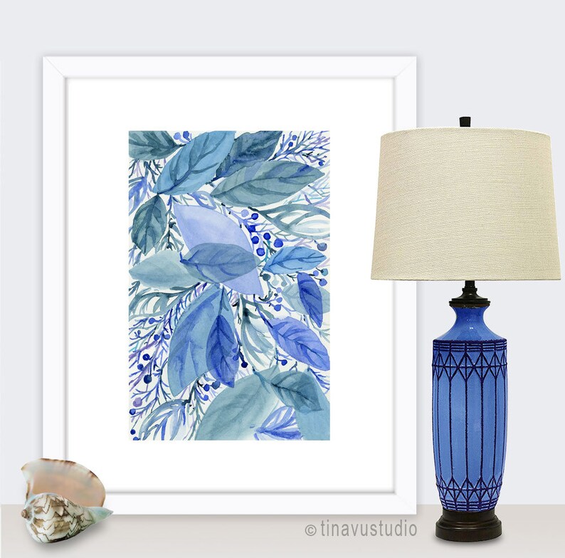 beach house decor blue leave painting abstract watercolor printable commercial use wall art printable 8x10 and 18x24 instant download