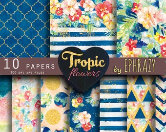 Summer Digital Paper. Tropical paper. Flower digital paper. Floral pattern. Gold digital paper. Floral digital paper. Watercolor