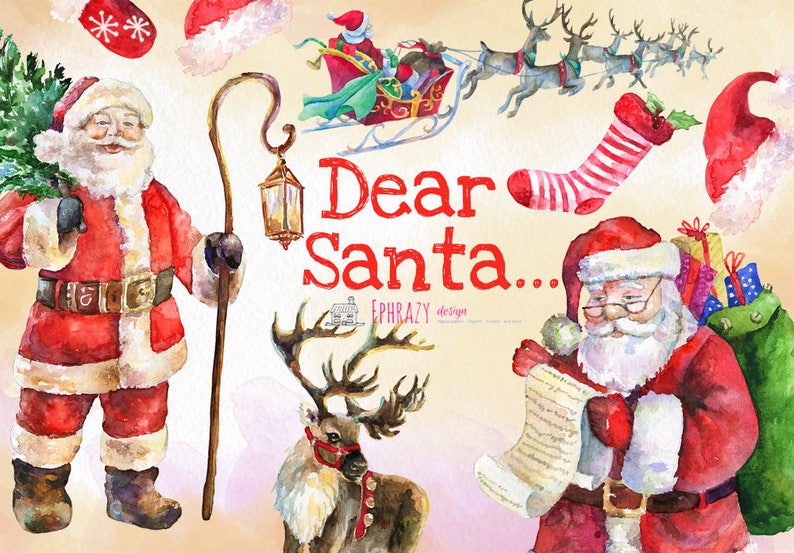 Santa Clipart Christmas Clipart Watercolor Christmas Christmas Clip Art Reindeer Clipart Holiday Clipart Santa Claus