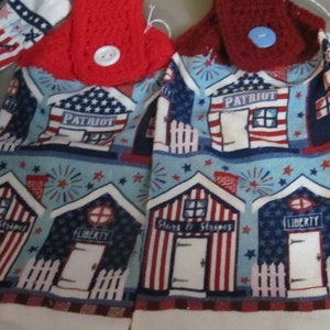 These are hand crocheted top kitchen towels houses stars and stripes, partiot, and liberty 4th of July