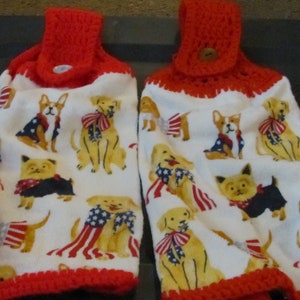 These are plush hand crocheted kitchen plush towels dogs dressed for 4th of July