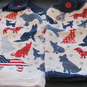 These are plush hand crocheted kitchen plush towels red and blue dogs