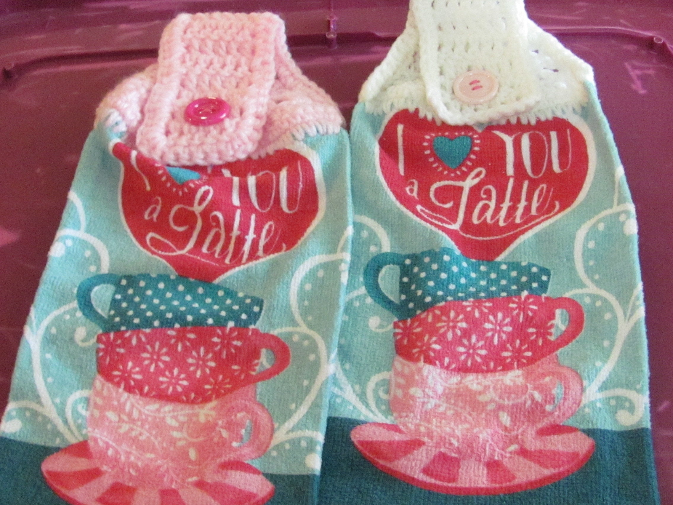 These are homemade crocheted kitchen towels I love you latte with coffee cups