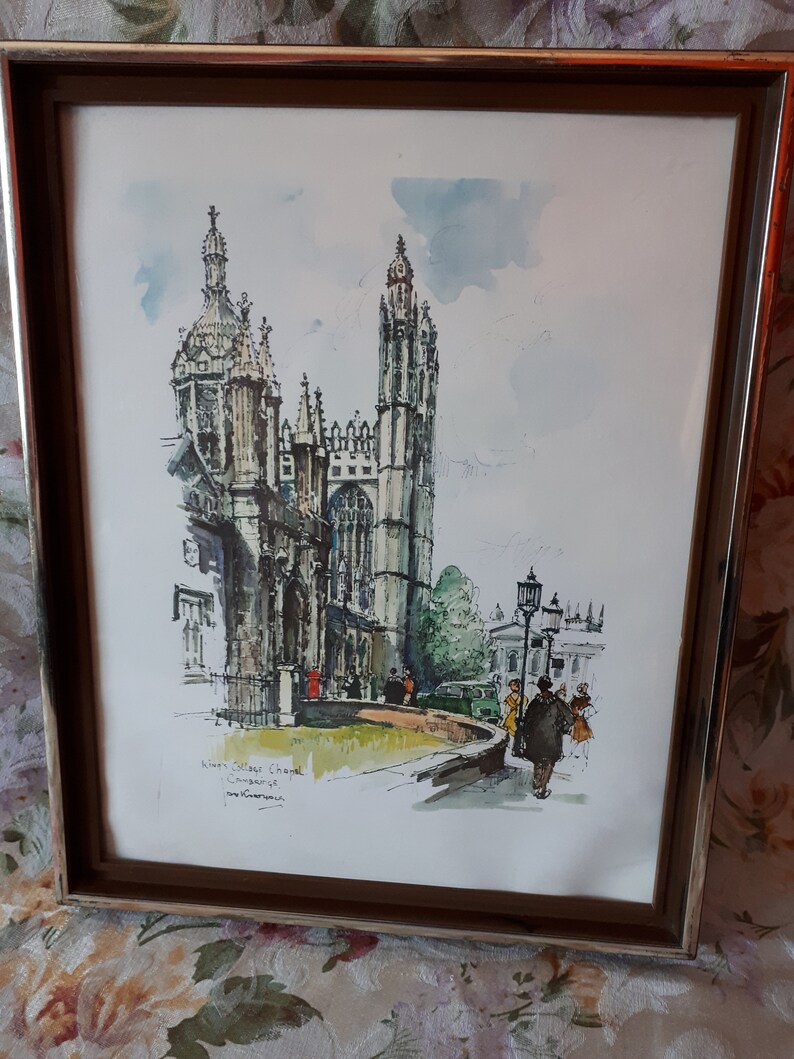 King/'s College Cambridge Chapel Vintage Framed Jan Korthals Art Print VTG Lithograph with Frame Mid Century Art Jan Korthals