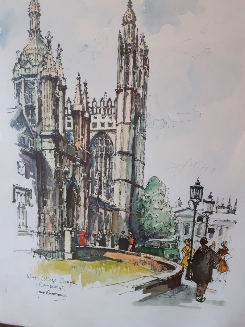 King/'s College Cambridge Chapel Vintage Framed Jan Korthals Art Print VTG Lithograph with Frame Mid Century Art Jan Korthals