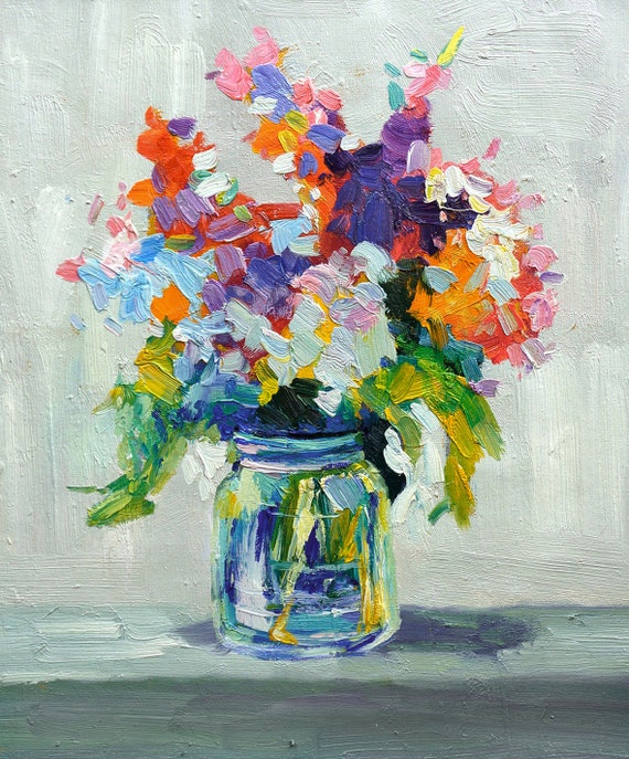 Mason Jar Floral Bouquet Original Oil Painting On Canvas Wall Etsy
