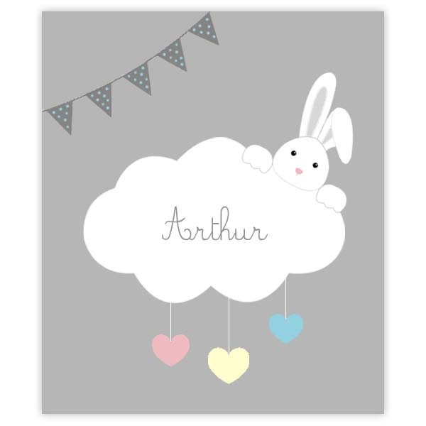 Plaque de Porte Chambre Enfant Lapin Fanion Nuage avec Prénom