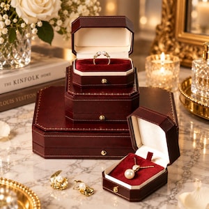 May include: A stack of three octagonal dark burgundy jewelry boxes with gold-tone trim and cream-colored interiors. The top box holds a pearl ring, while an open box in the foreground contains a pearl pendant necklace and two pearl earrings.