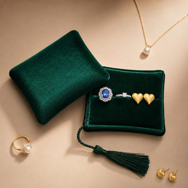 Elegante portagioie in velluto con scomparti multipli per anelli e orecchini e logo personalizzato.