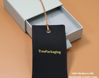 50 pezzi di etichette in seta di gelso nera fatte a mano / etichette per abbigliamento con logo personalizzato