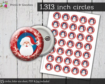 Santa printable button machine 1.313" circles, Christmas digital pin, instant download buttons making, bottle caps images, Santa clipart Jpg