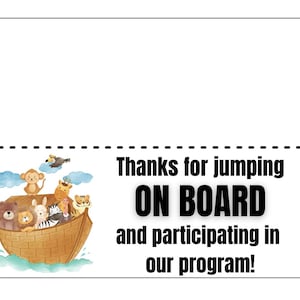 Op de afbeelding: Een witte kaart met een aquarel illustratie van dieren op een ark, met de tekst "Thanks for jumping ON BOARD and participating in our program!" in het zwart.