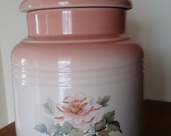 Vintage Keramik Dose mit Deckel. Rot (Pink) Rosen Design