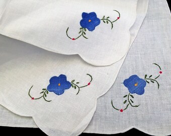 Set of 3 Vintage White and Blue Floral Hand Embroidered Applique Linen Napkins 3 Applique Linen Napkins RBT3988 Linen Napkins