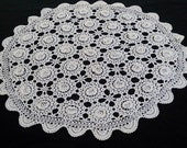 Small White Vintage Lace Round Tablecloth. Raised Irish lace Roses Pattern Large Crocheted Doily. Cotton White Ecru Tablecloth RBT0233