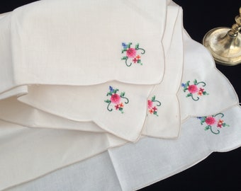 Set of 3 Vintage White and Blue Floral Hand Embroidered Applique Linen Napkins 3 Applique Linen Napkins RBT3988 Linen Napkins