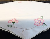 Embroidered Tablecloth. Vintage Square Tablecloth. Pink Floral Embroidered White Linen Tablecloth with Ivory Crochet Lace Border RBT1767