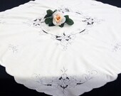 Embroidered Square Tablecloth. Madeira (Cutwork) Embroidered Vintage Linen Tablecloth. Ivory Grey Embroidered Linen Tablecloth RBT3533
