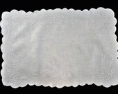 Antique Linen Kitchen Workspace Cover with Madeira Cutwork and Scalloped Crochet Edging. Small Embroidered Antique Tablecloth RBT2942