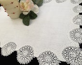 Antique Irish Damask Linen and Lace Table Topper with Whitework Embroidery and Crochet Edging EL0553