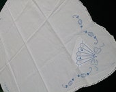 Something Blue Embroidered Blue and White Square Vintage Linen Tablecloth with White Crochet Lace Edging. Square Tablecloth RBT0754