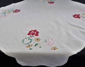 Embroidered Tablecloth. Linen Tablecloth. Vintage Square Tablecloth. Floral Embroidered White Linen Tablecloth with Openwork Border RBT2477