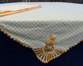 A Pair of Crochet and Linen Tablecloths. 2 Checkered Yellow and White Linen Tablecloths. 2 Small Square Shabby Chic Tablecloths. RBT1766